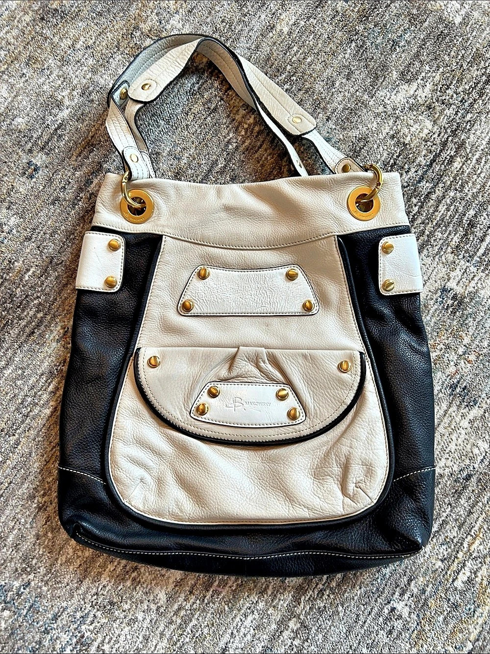 B Makowsky Leather Shoulder Bag in White & Black